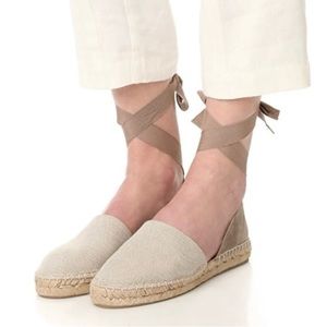 Vince Espadrille Canvas Suede Ankle Tie With Straps Beige Size 8